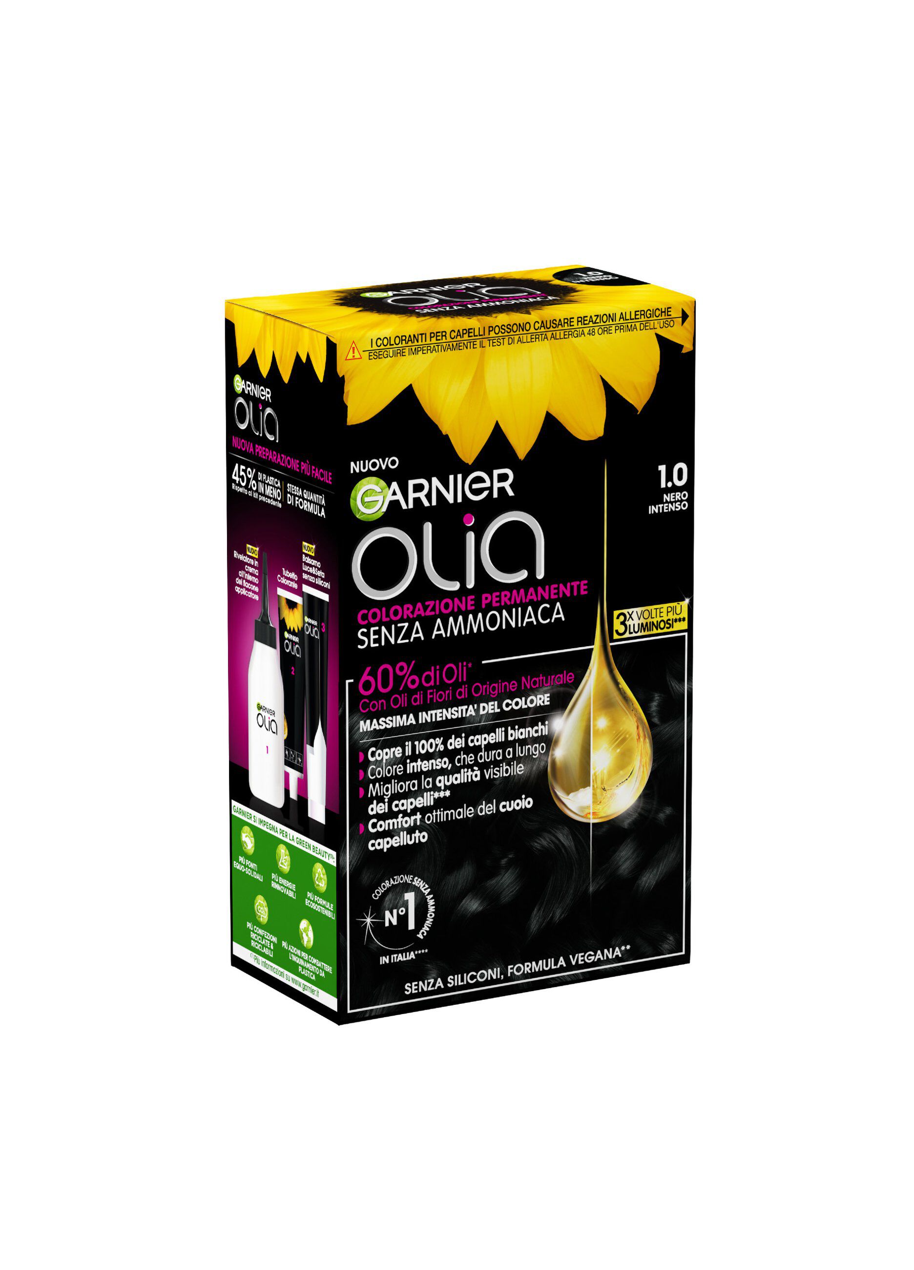 Garnier Tinta Capelli Olia, Colorazione permanente senza ammoniaca per una fragranza delicata, copre il 100% dei capelli bianchi, Con oli di fiori di origine naturale, Nero Intenso (1.0)._1