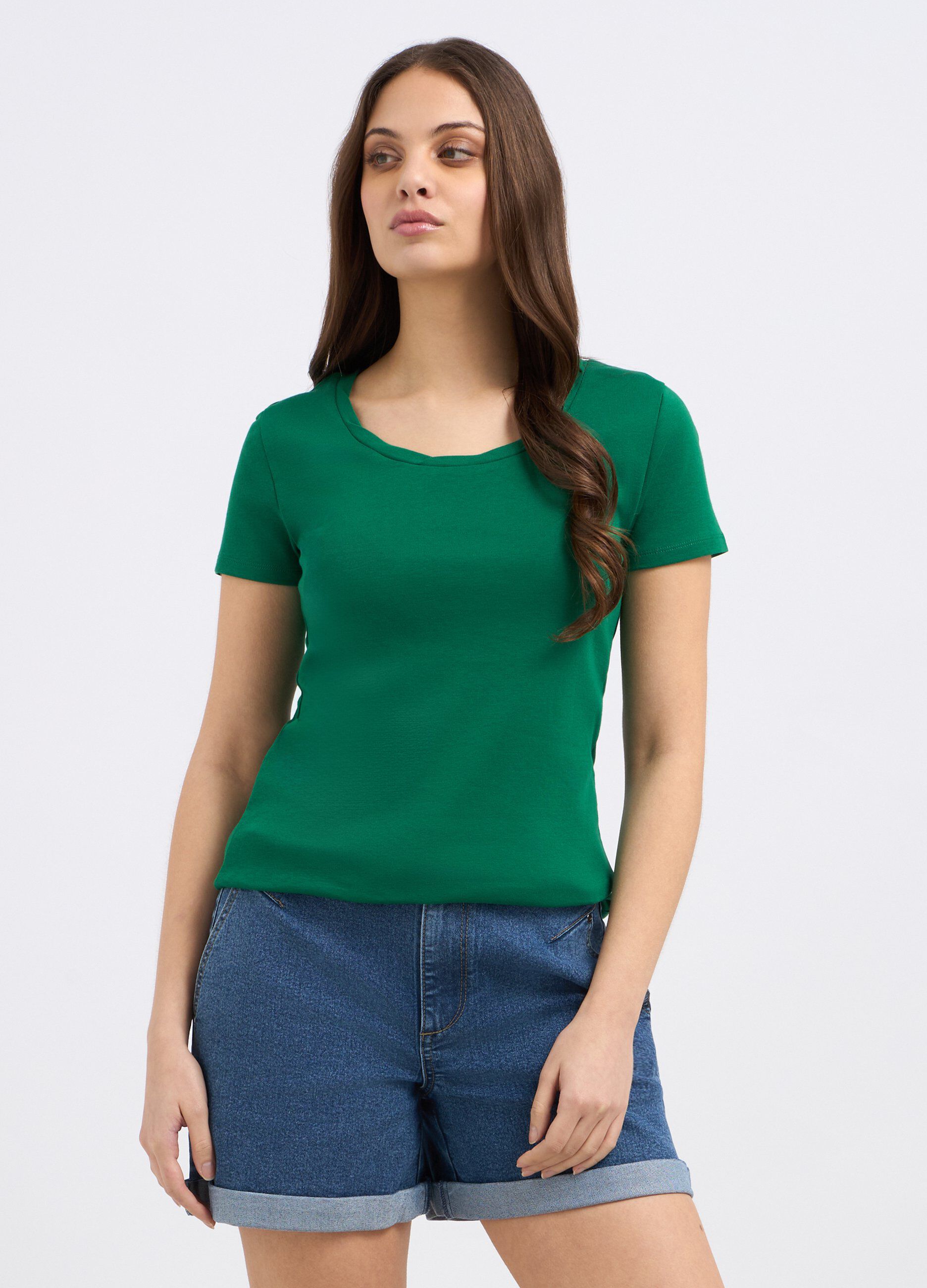 T-shirt in puro cotone con scollo rotondo lavorato donna_0