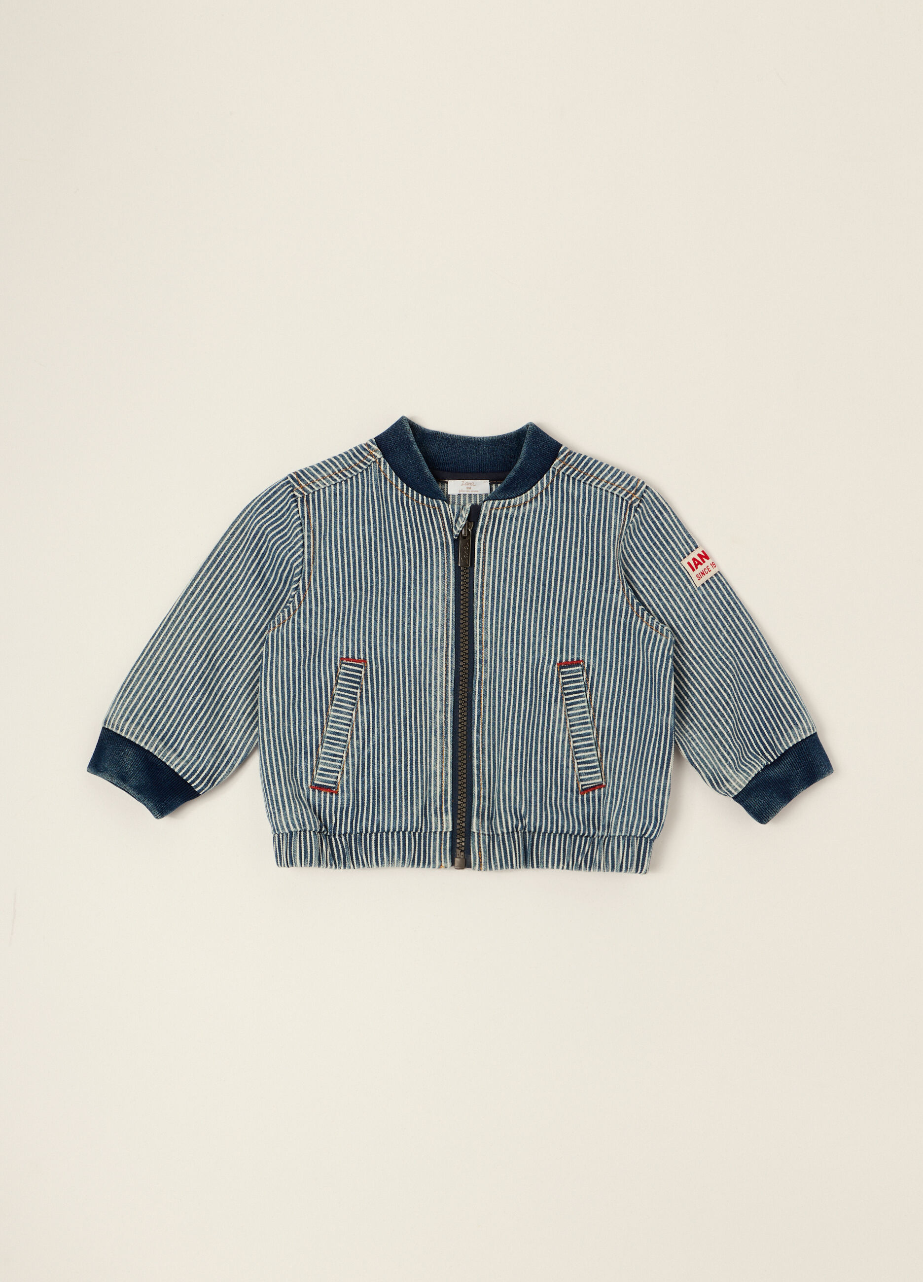 Giacca a righe blu in misto cotone, viscosa e lyocell per neonato_0