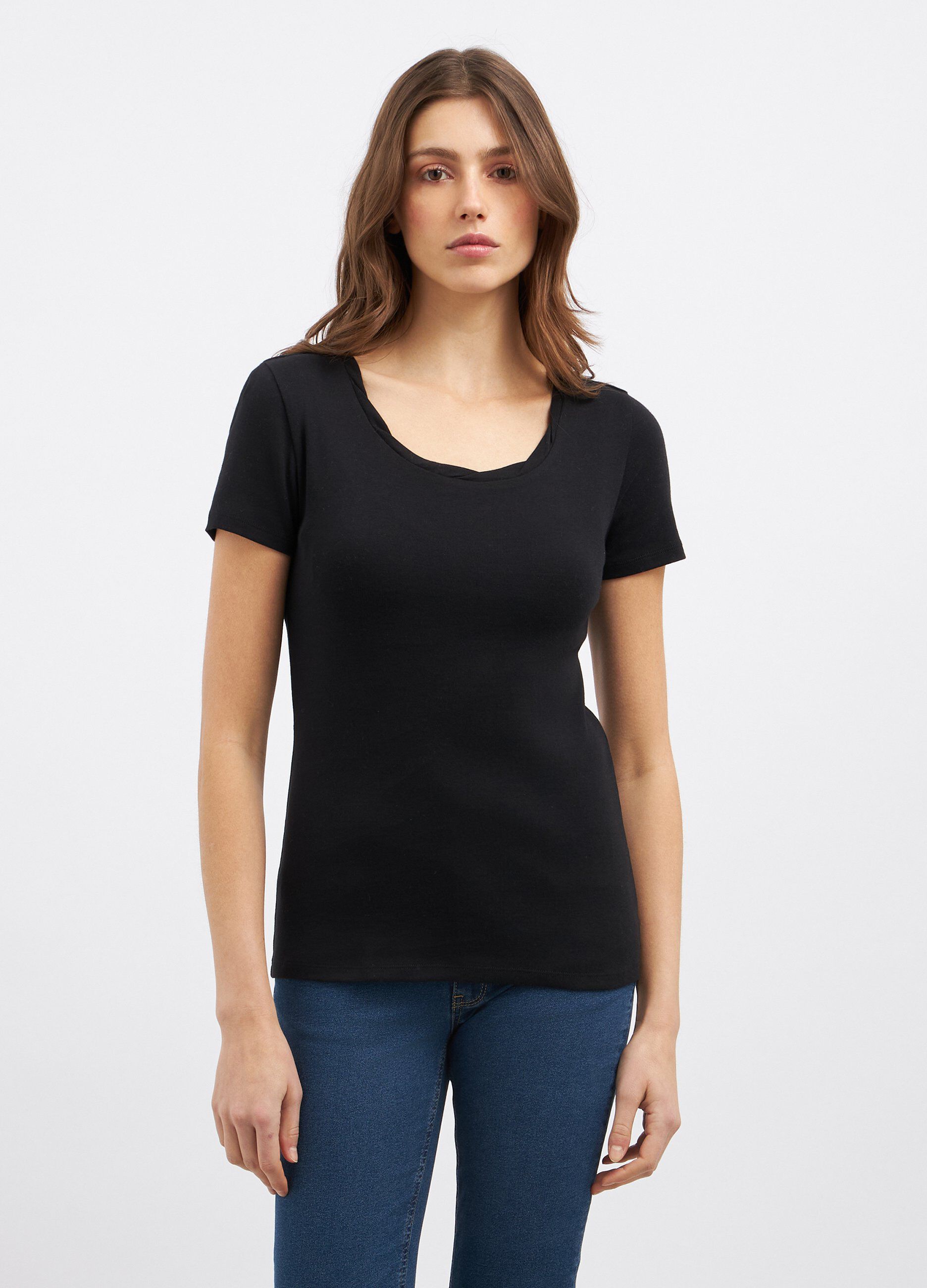 T-shirt con scollo rotondo lavorato donna_0