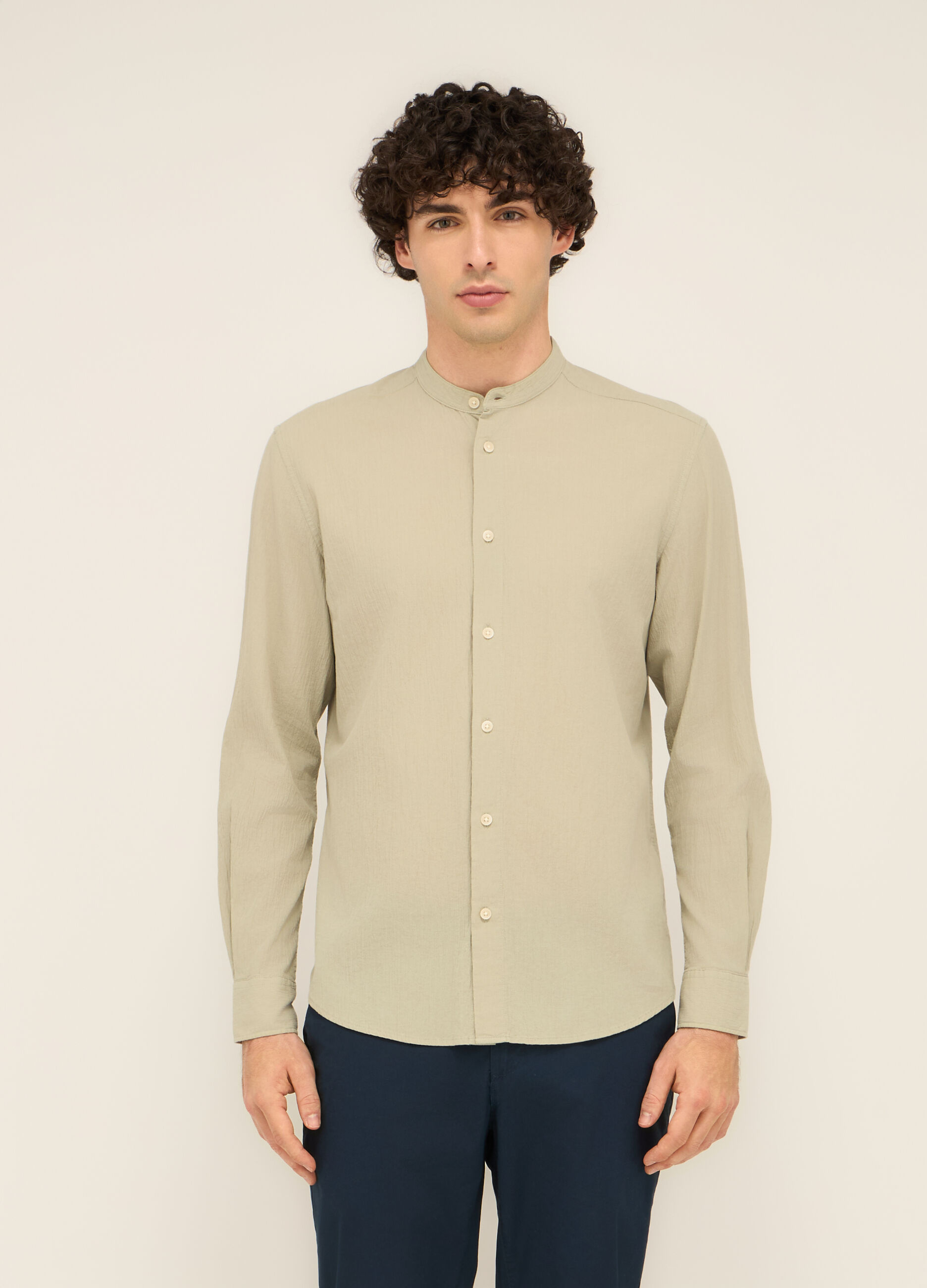 Camicia colletto coreano in garza di cotone_0