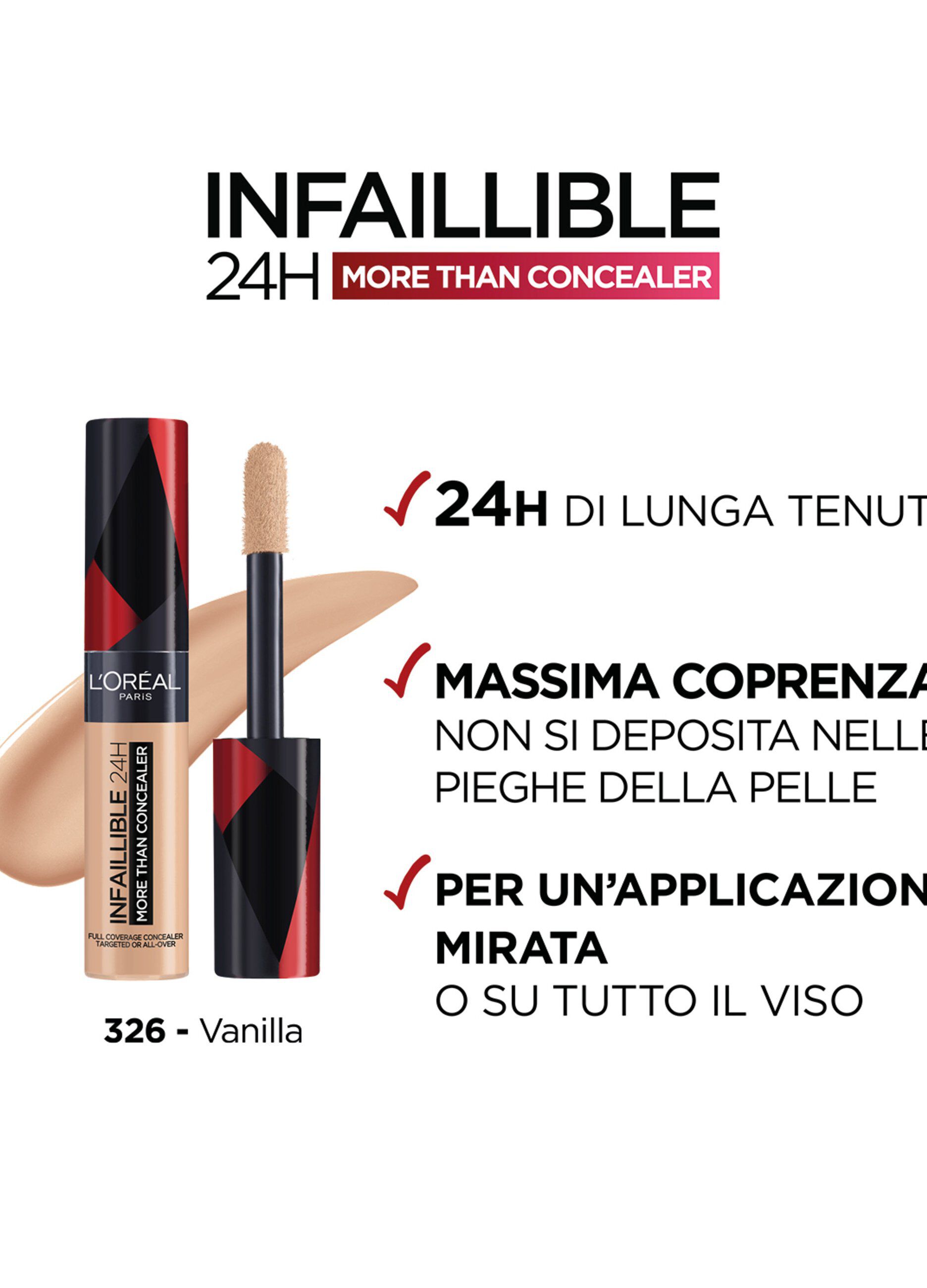 L'Oréal Paris Infaillible 24h More Than Concealer, Correttore liquido a lunga tenuta, 326 Vanille.