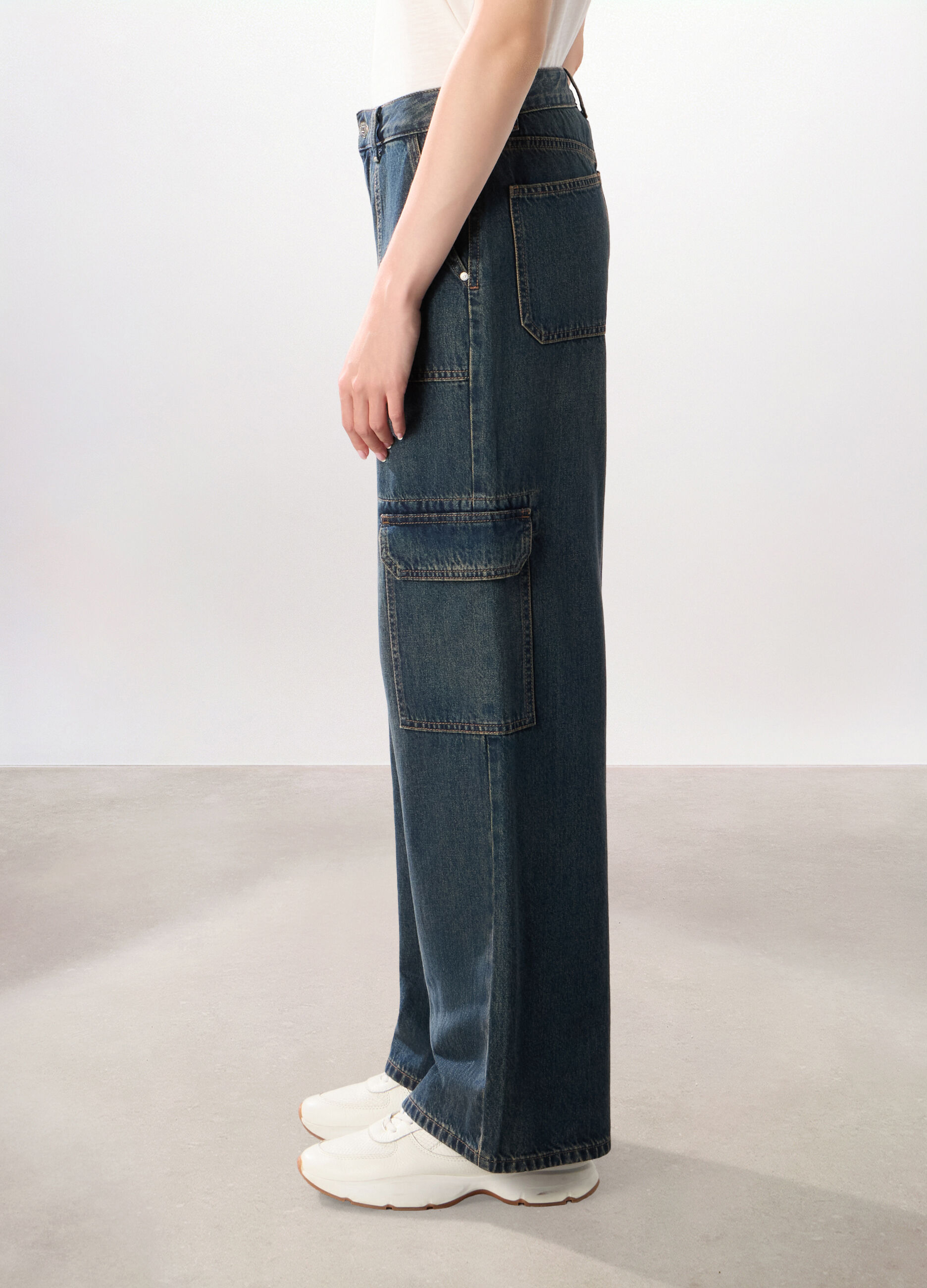 Pantaloni cargo wide leg in denim di puro cotone donna_3
