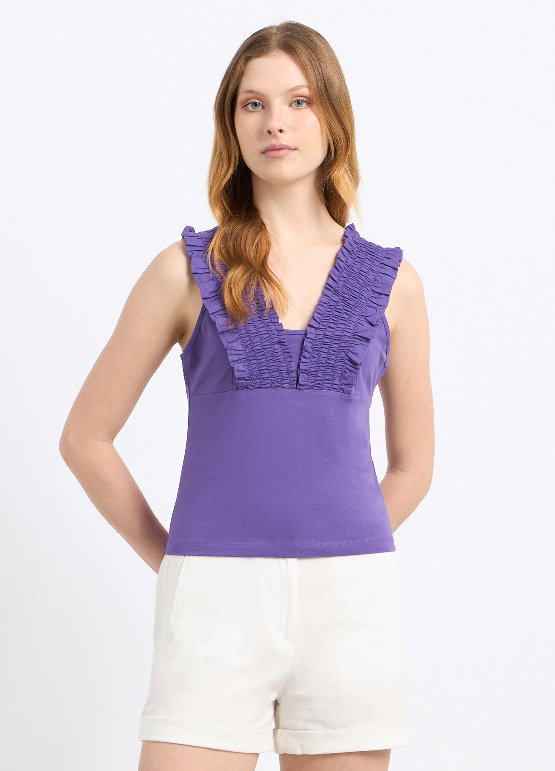 T-shirt in cotone stretch con punto smock donna_0