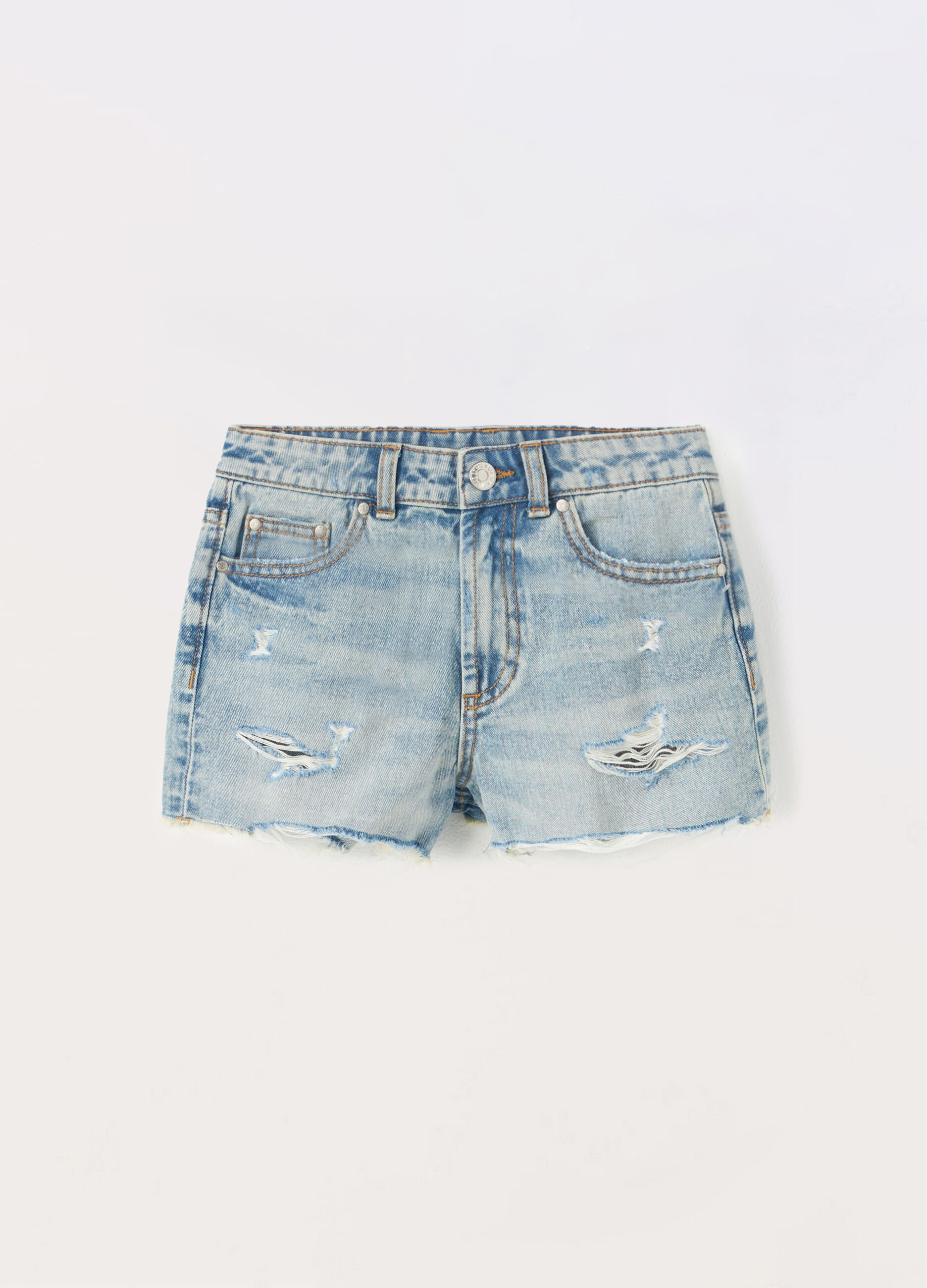 Shorts ripped in denim di puro cotone ragazza_0