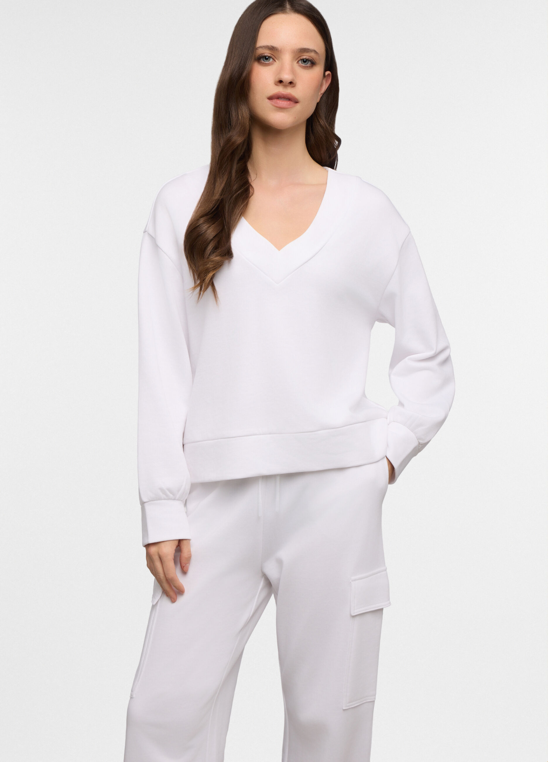 Felpa con scollo a V in french terry donna_0
