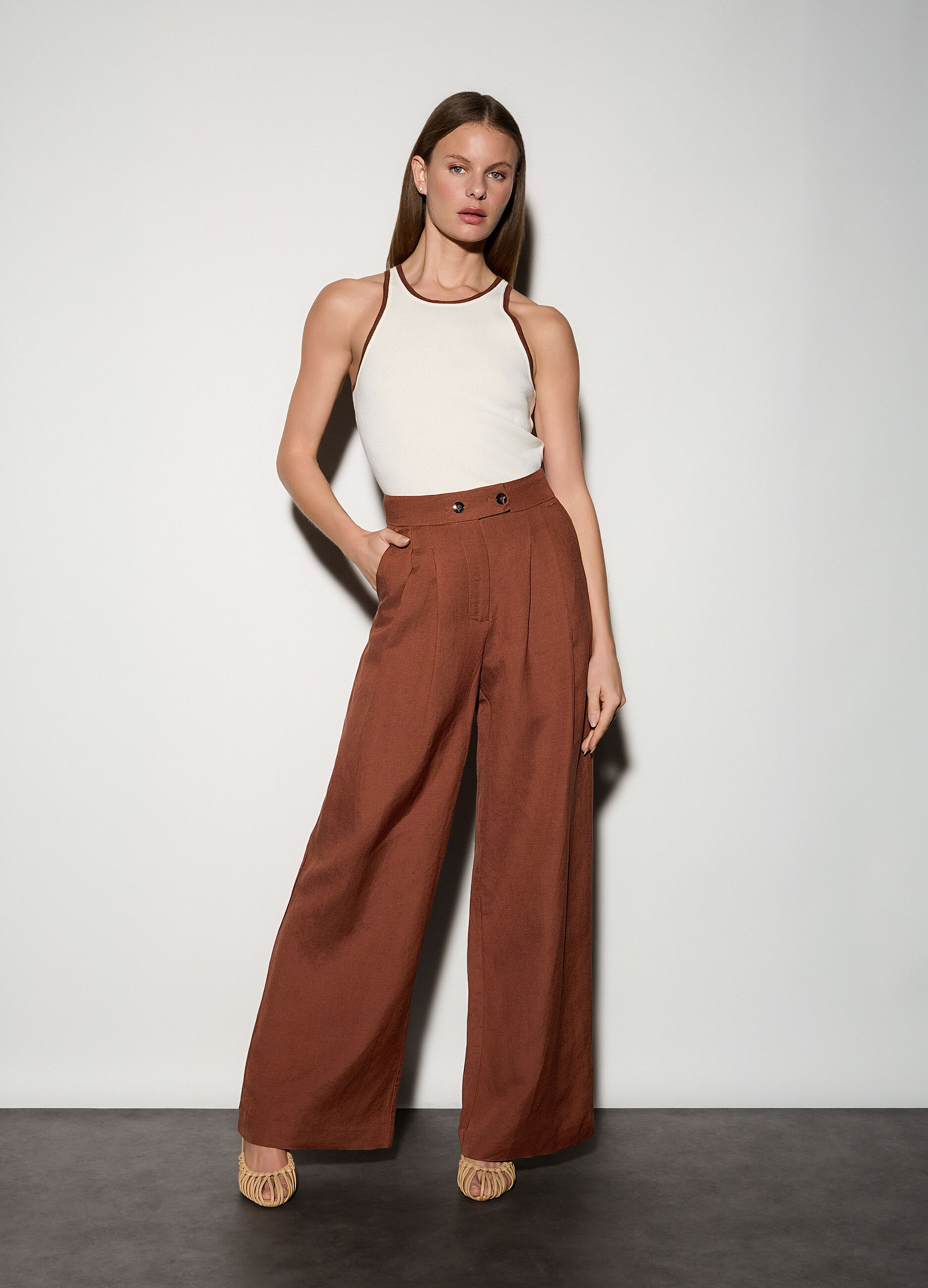 Pantaloni chino regular fit misto lino donna_0