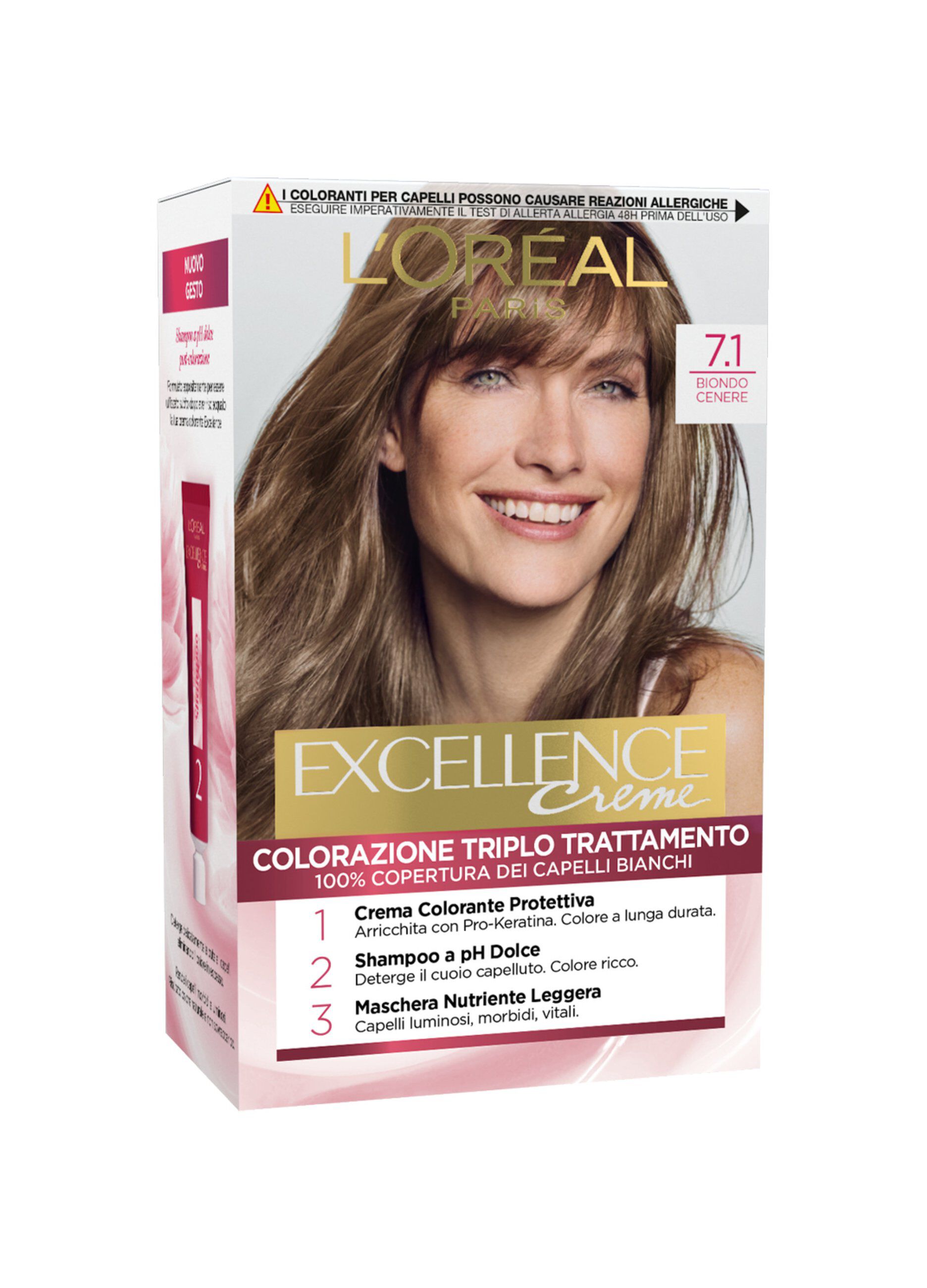 L'Oréal Paris Tinta Capelli Excellence, Copre i capelli bianchi, colore ricco, luminoso e a lunga durata, 7.1 Biondo Cenere.
