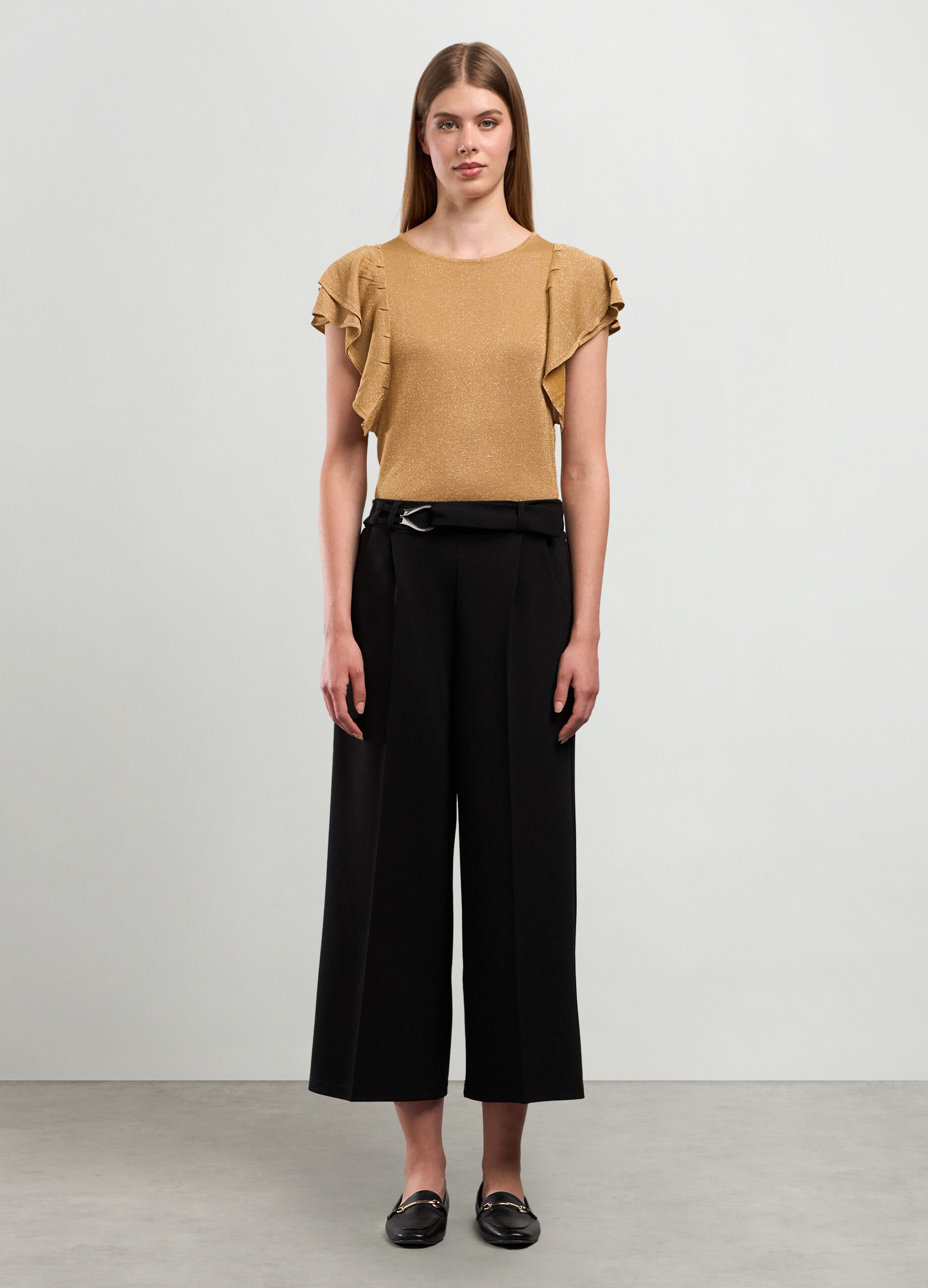 Pantaloni palazzo in tessuto stretch con cintura donna_0