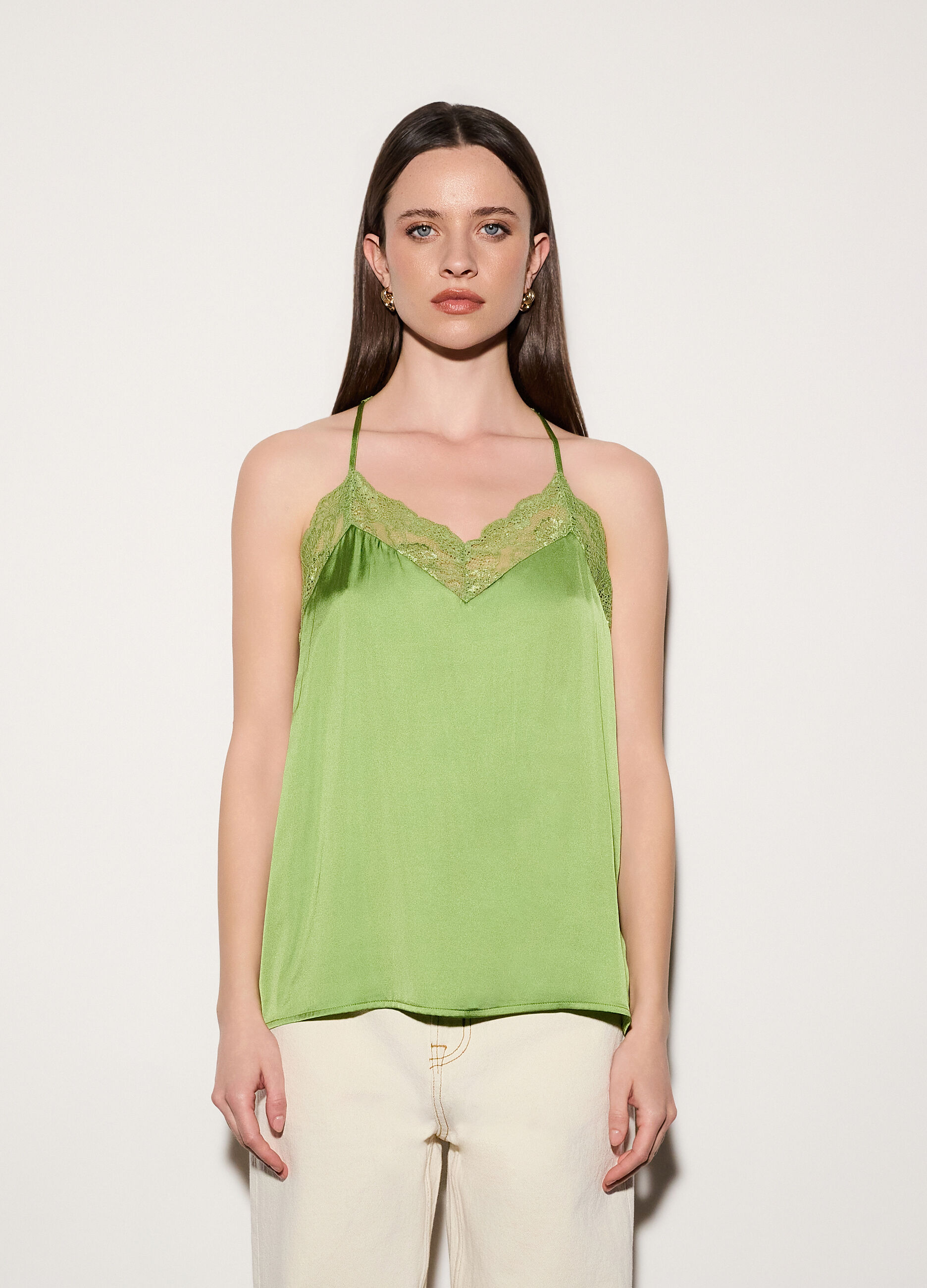 Top con scollo a V in raso e pizzo donna