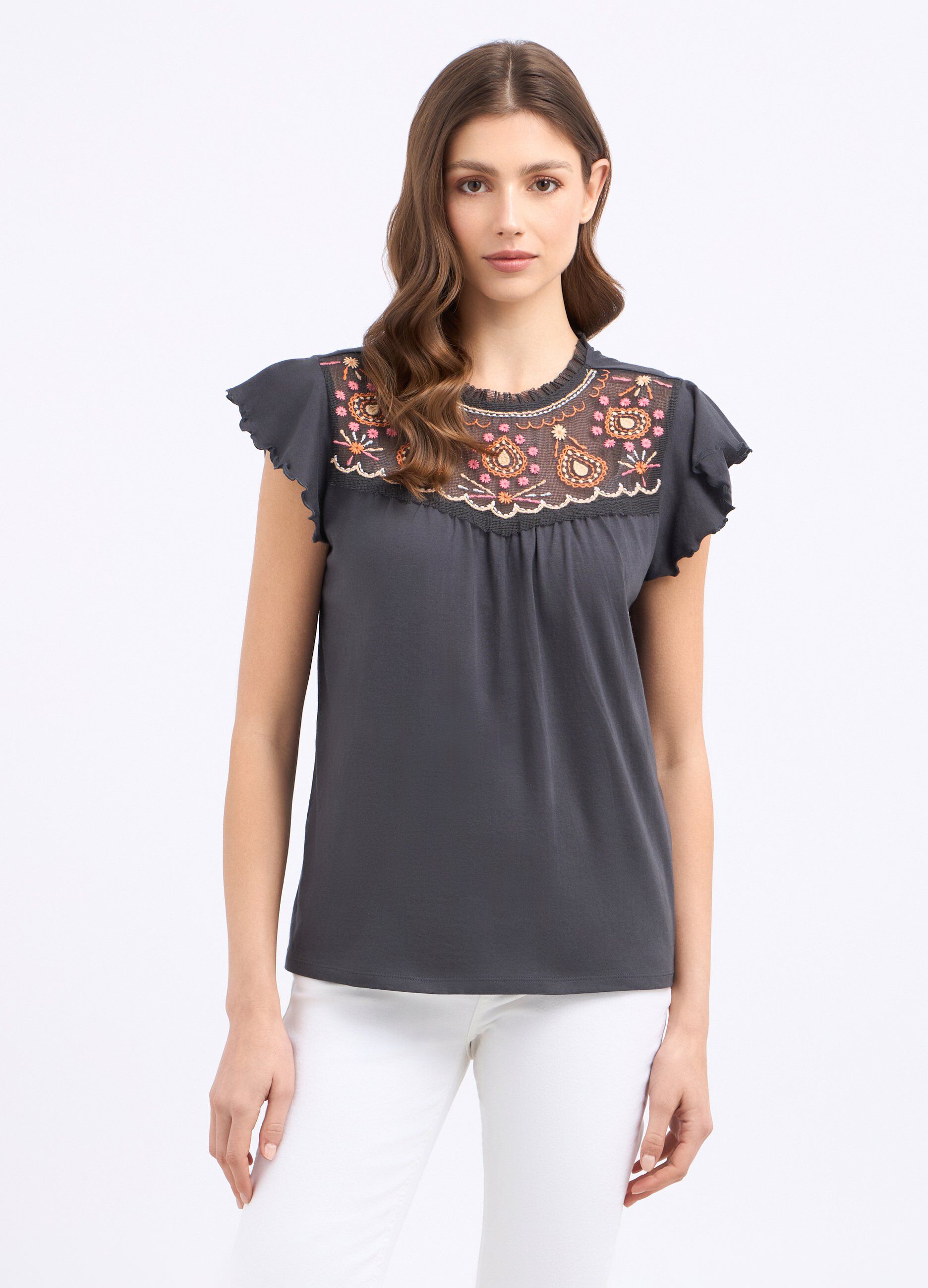 T-shirt con inserto ricamato in puro cotone donna_0