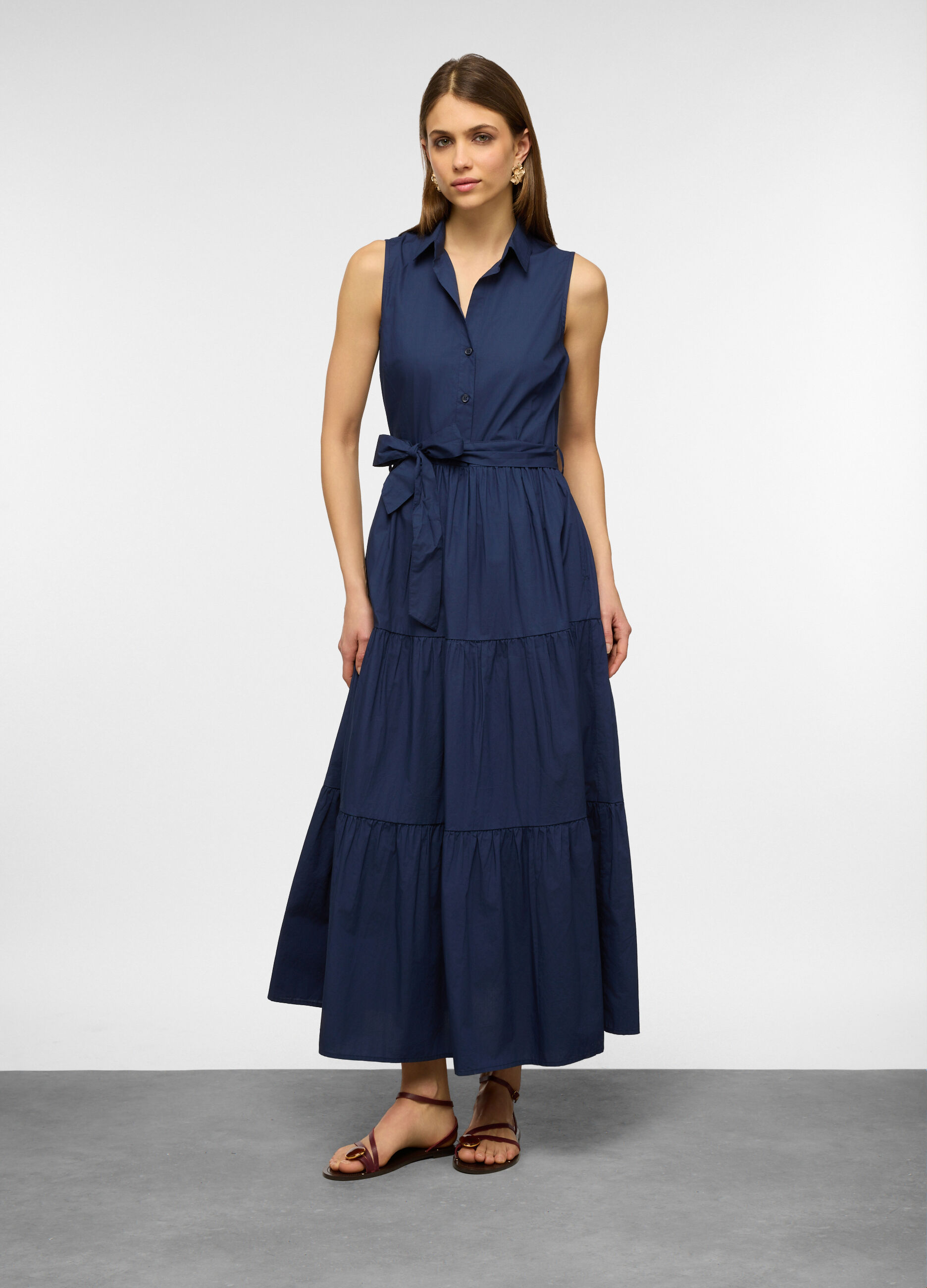 Vestito lungo a balze in popeline di puro cotone donna_0