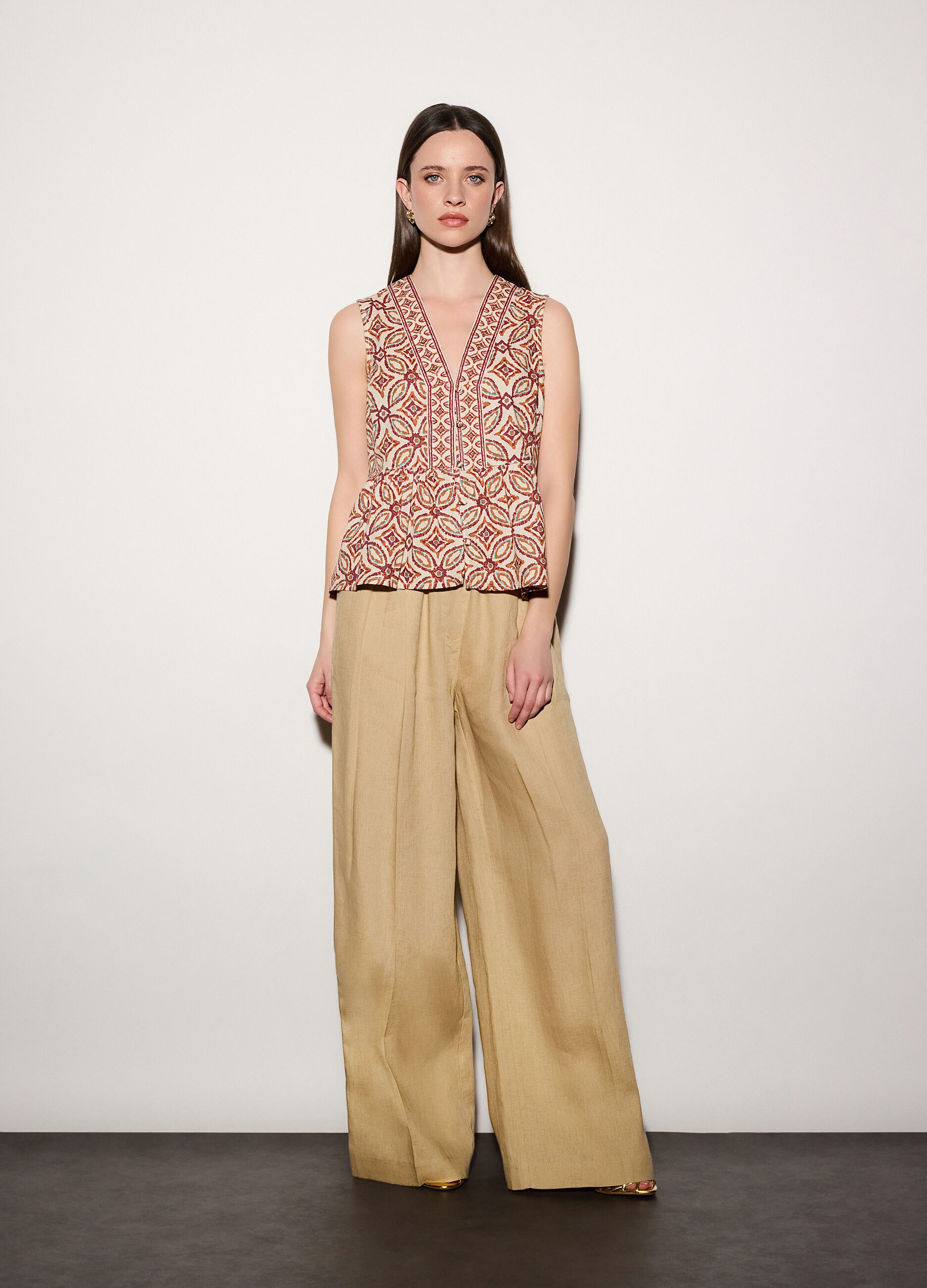 Pantaloni palazzo wide leg in puro lino donna_0