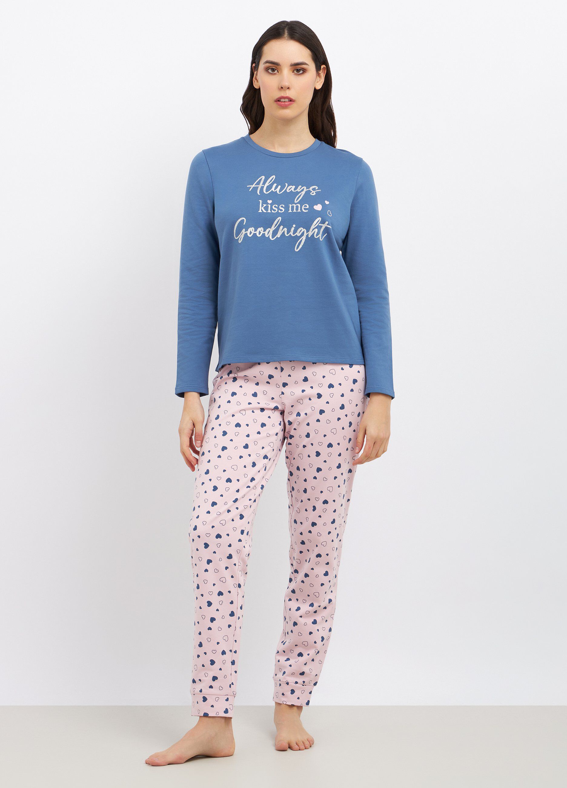 Set pigiama lungo in cotone con stampa glitter donna_0