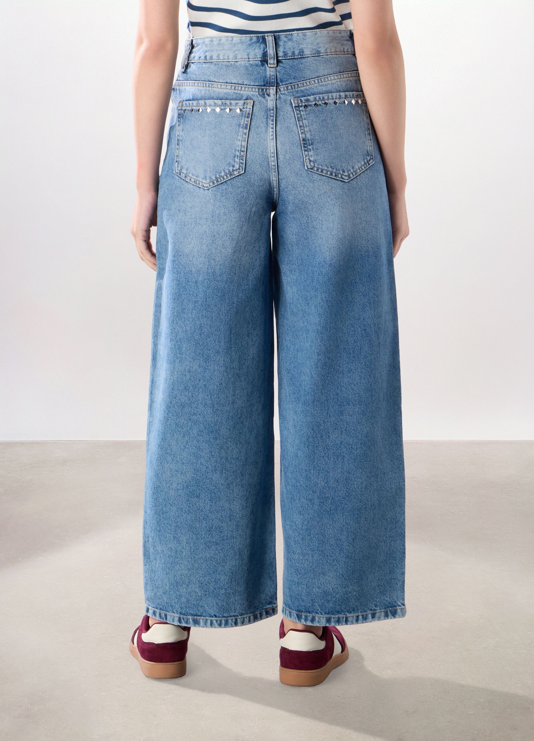 Pantaloni wide leg in denim di puro cotone donna_1