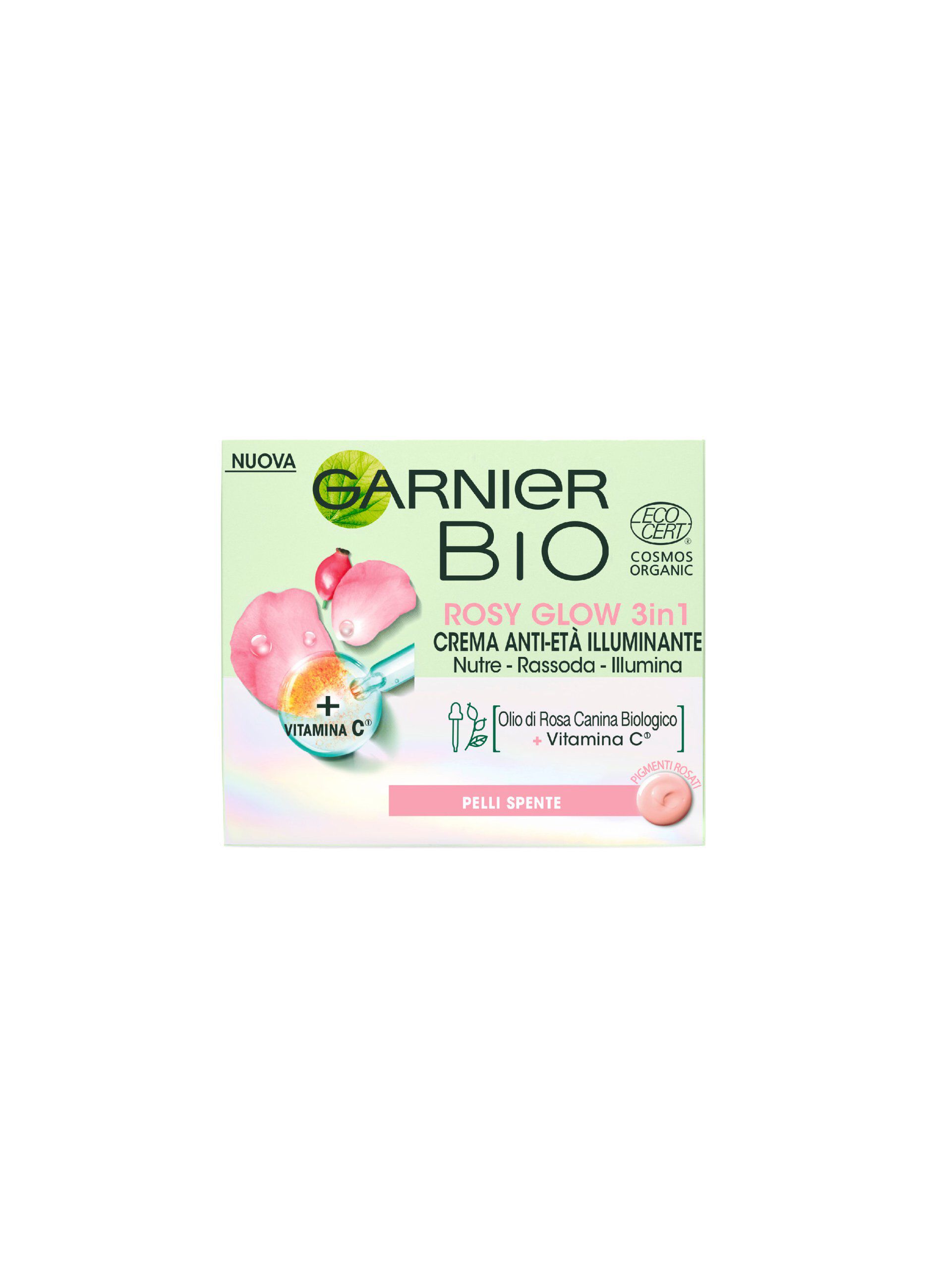Garnier Bio Rosy Glow, Crema Rosa Idratante 3-in-1, Azione Nutriente, Rassodante e Illuminante, Arricchita con Olio di Rosa Canina Bio e Vitamina C, Formula Vegana, 50 ml.