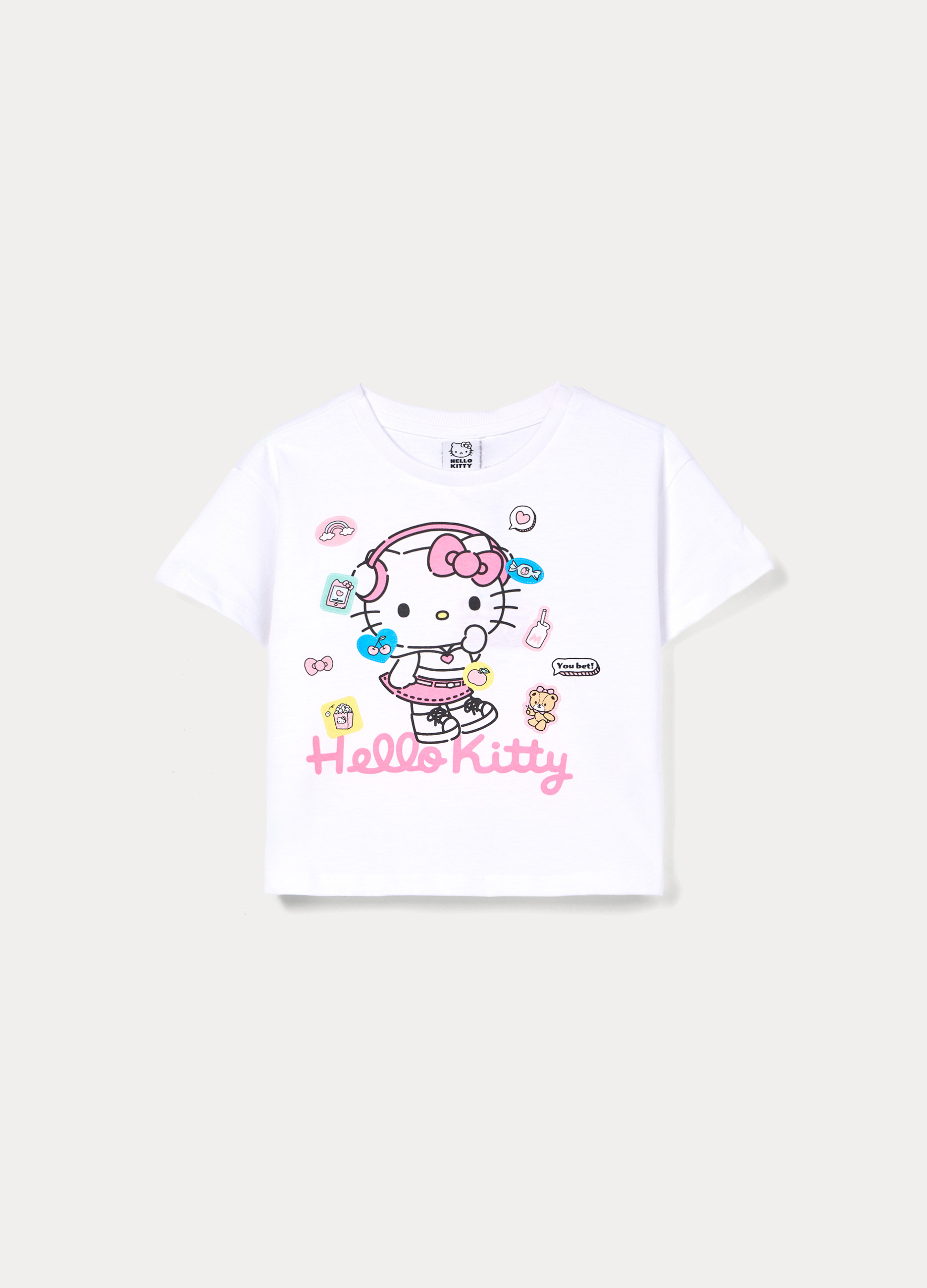 HELLO KITTY, T-shirt Girocollo Hello Kitty In Jersey Di Puro Cotone Bambina, Bianco, Taglia: 3-4