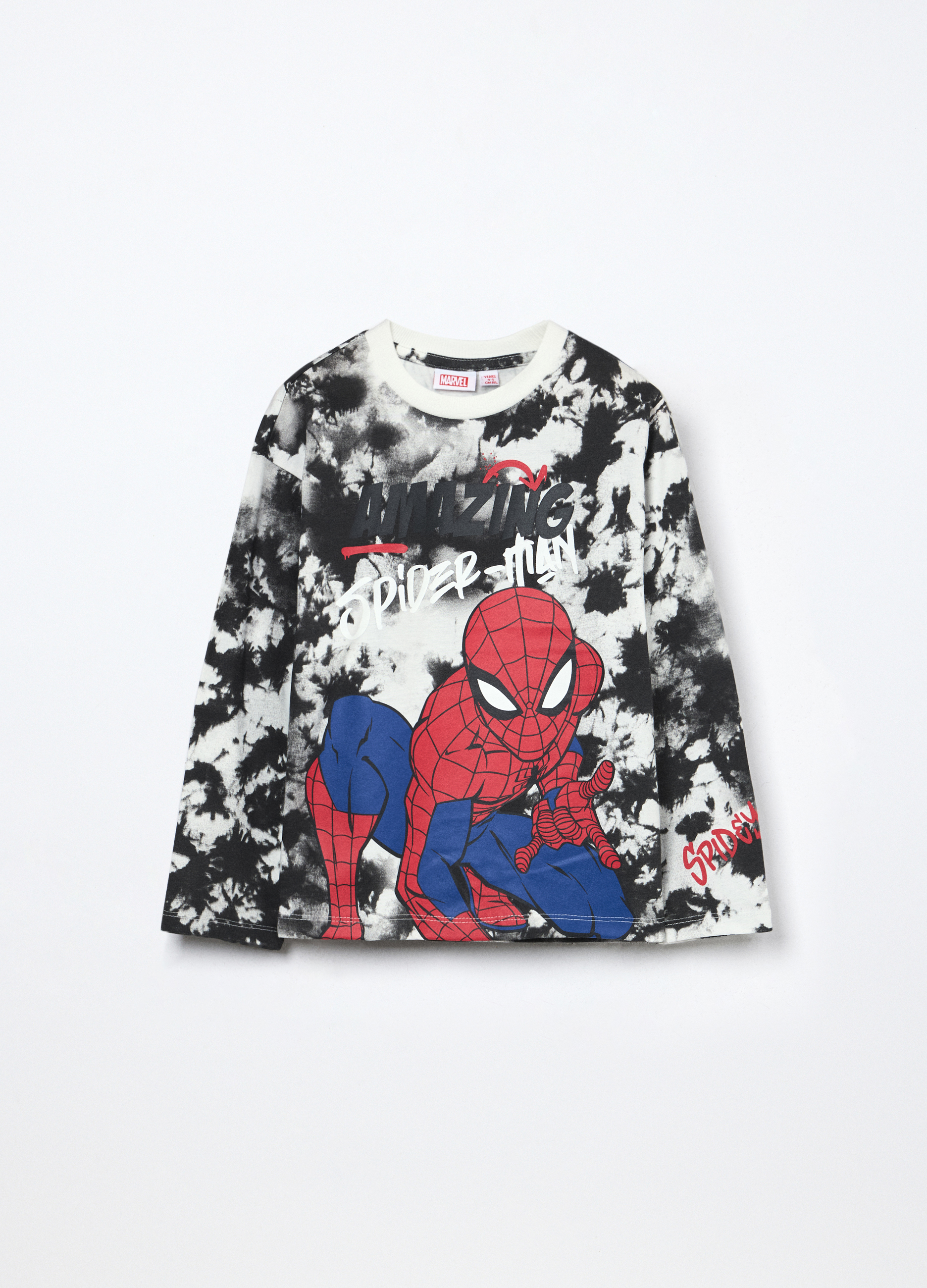 Image of Blukids, T-shirt A Maniche Lunghe Spider-man In Puro Cotone Bambino, Bianco/Nero, Taglia: 3-4