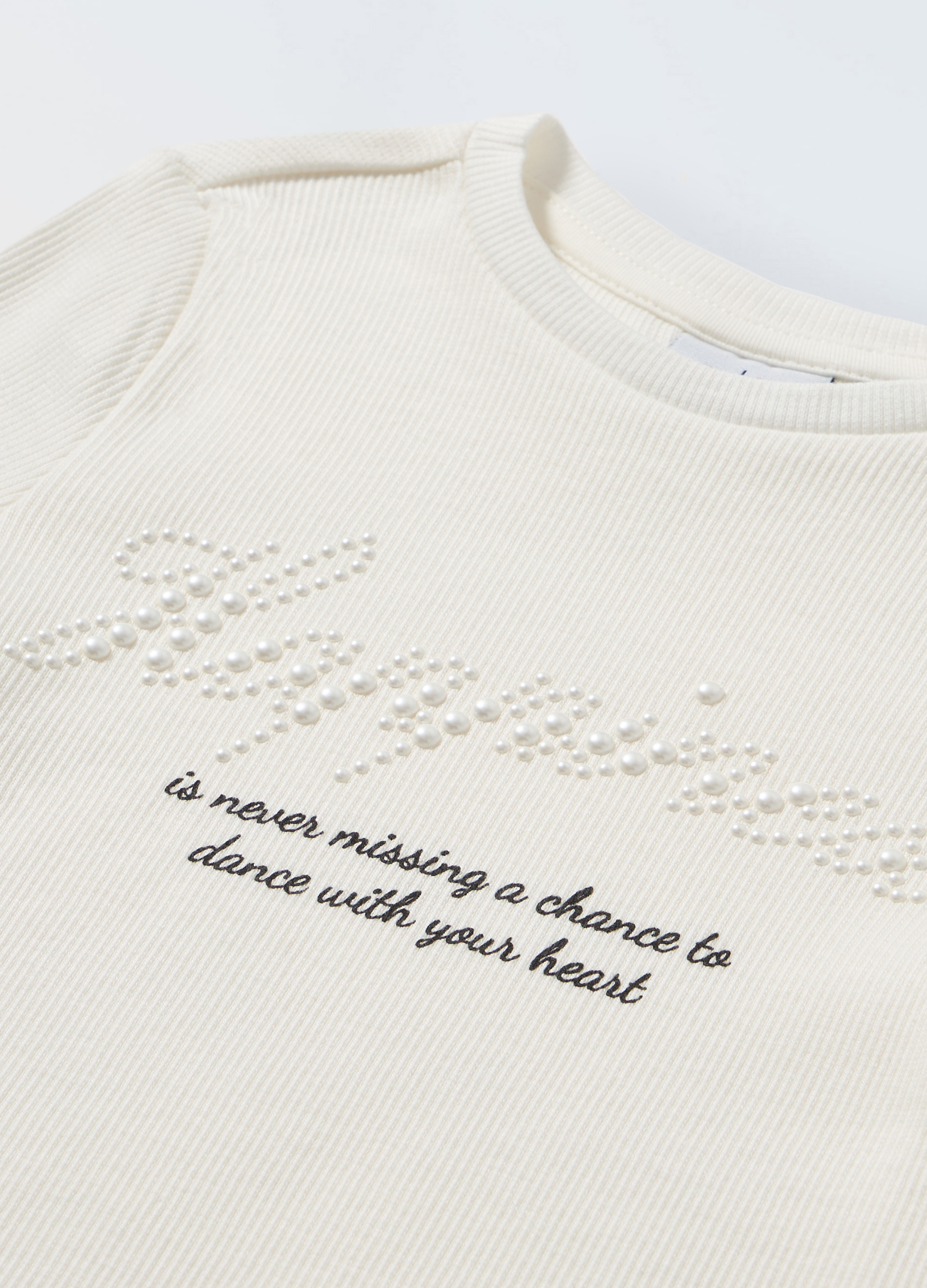 Blukids, T-Shirt In Costina Di Cotone Stretch A Maniche Lunghe Bambina, Bianco Panna, Taglia: 6-7-image