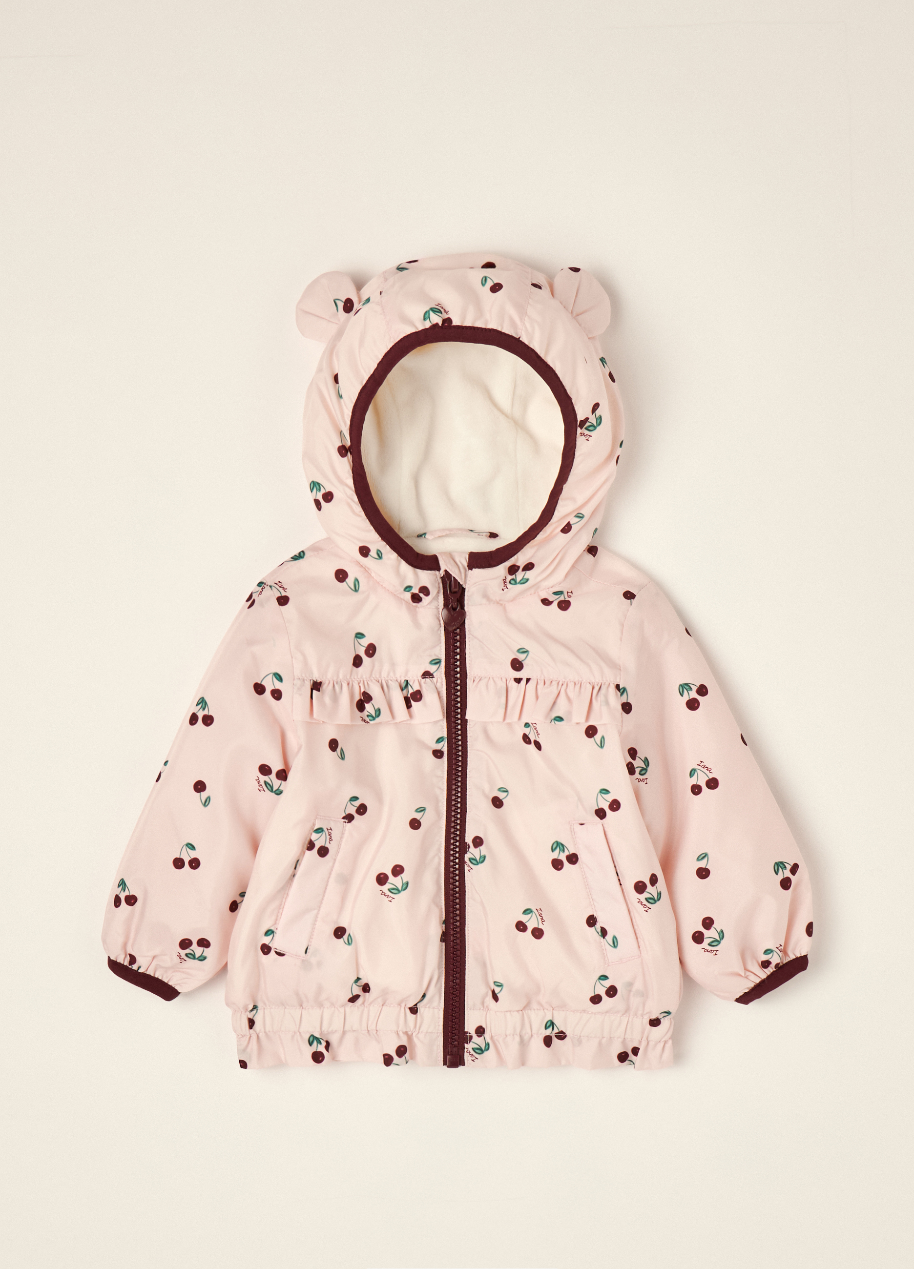 Blukids , Giacca Rosa Imbottita Con Cappuccio E Stampa Ciliegie, Neonata, Beige/Rosso, Taglia: 9